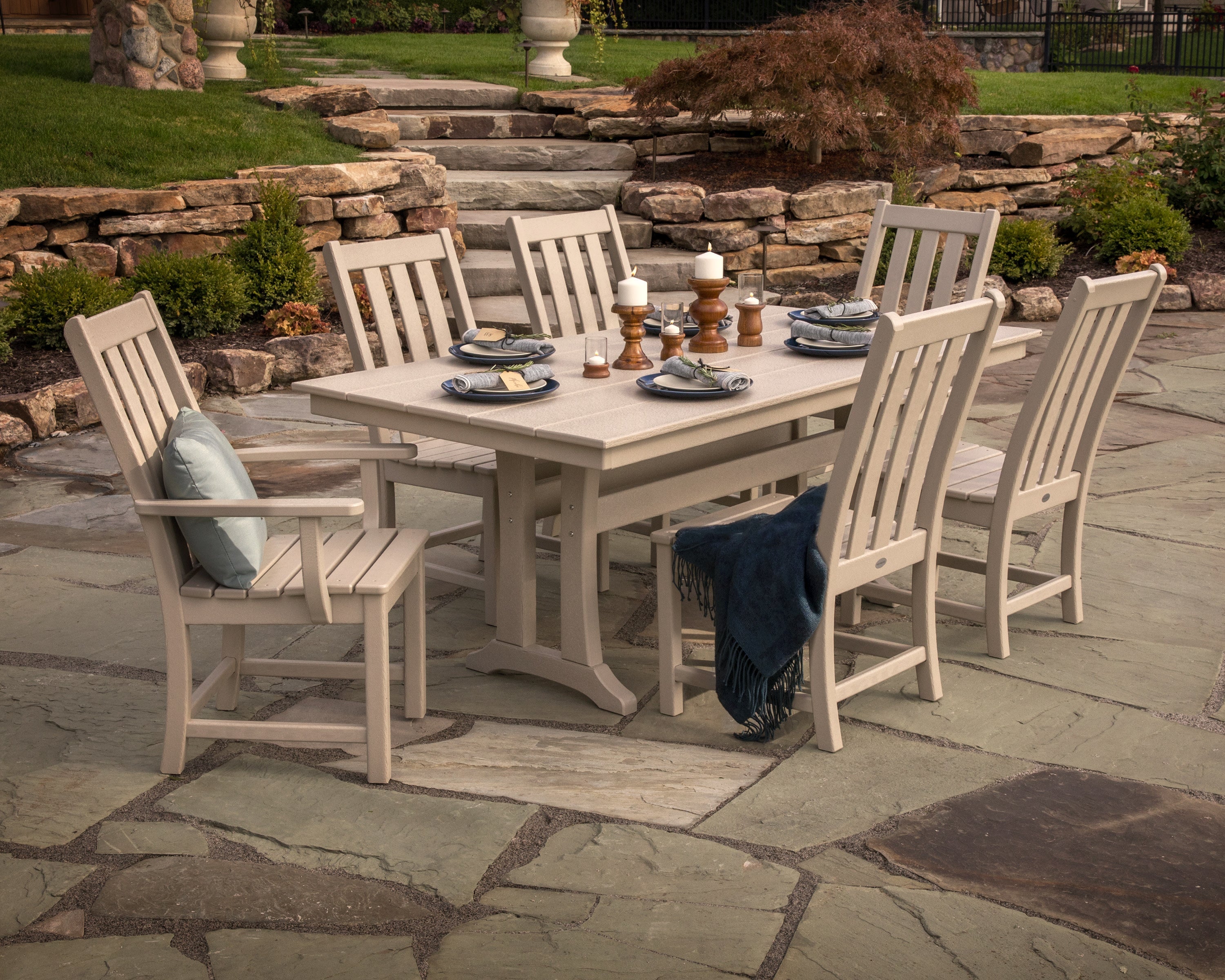 Vineyard 7-Piece Farmhouse Wooden Dining Set with Trestle Legs